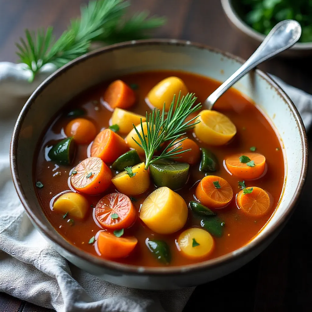 Hearty vegetable soup in rustic bowl